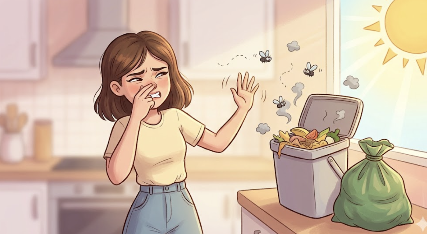 음식물 쓰레기로 괴로워 하는 모습 이미지