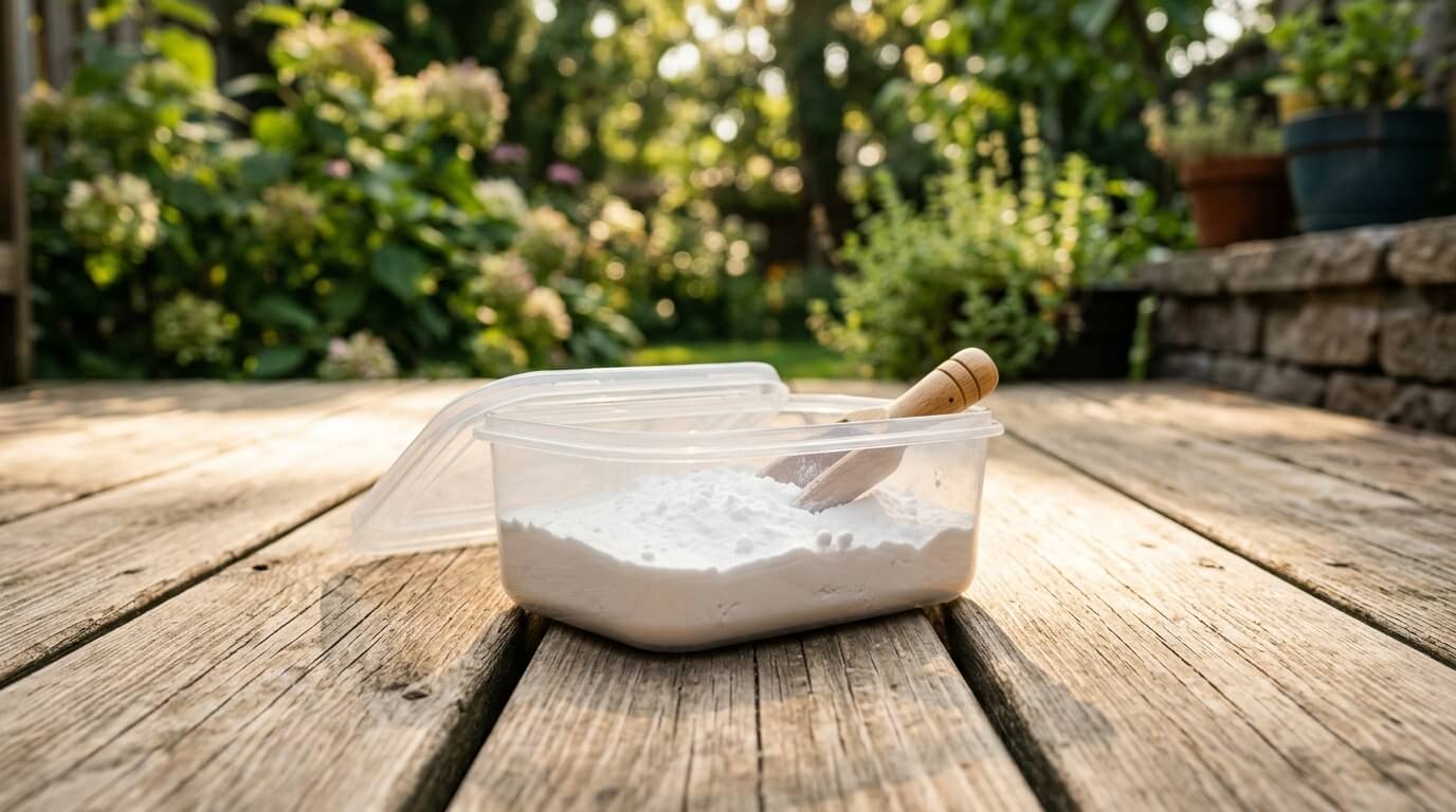 베이킹소다를 채운 플라스틱 밀폐용기를 햇볕에 방치하는 냄새 제거 방법