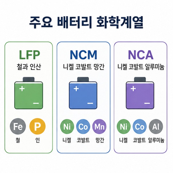 LFP와 NCM, NCA 배터리에 들어가는 주요 양극재 원소와 각 화학계열의 차이를 정리한 이미지