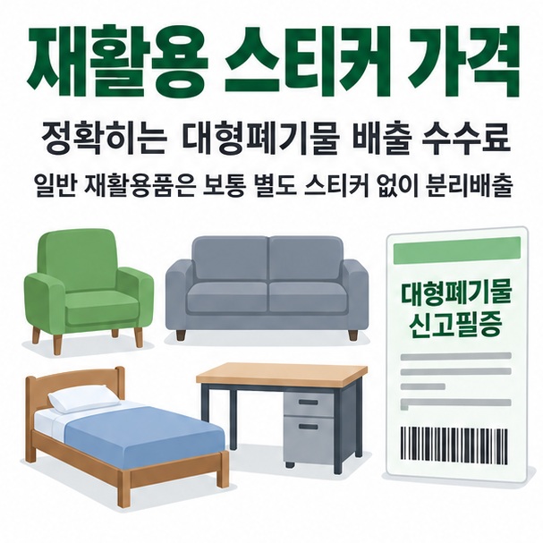 재활용 스티커 가격이라는 제목과 의자 소파 침대 책상 등 대형폐기물, 배출 신고필증을 함께 표현한 대표 이미지