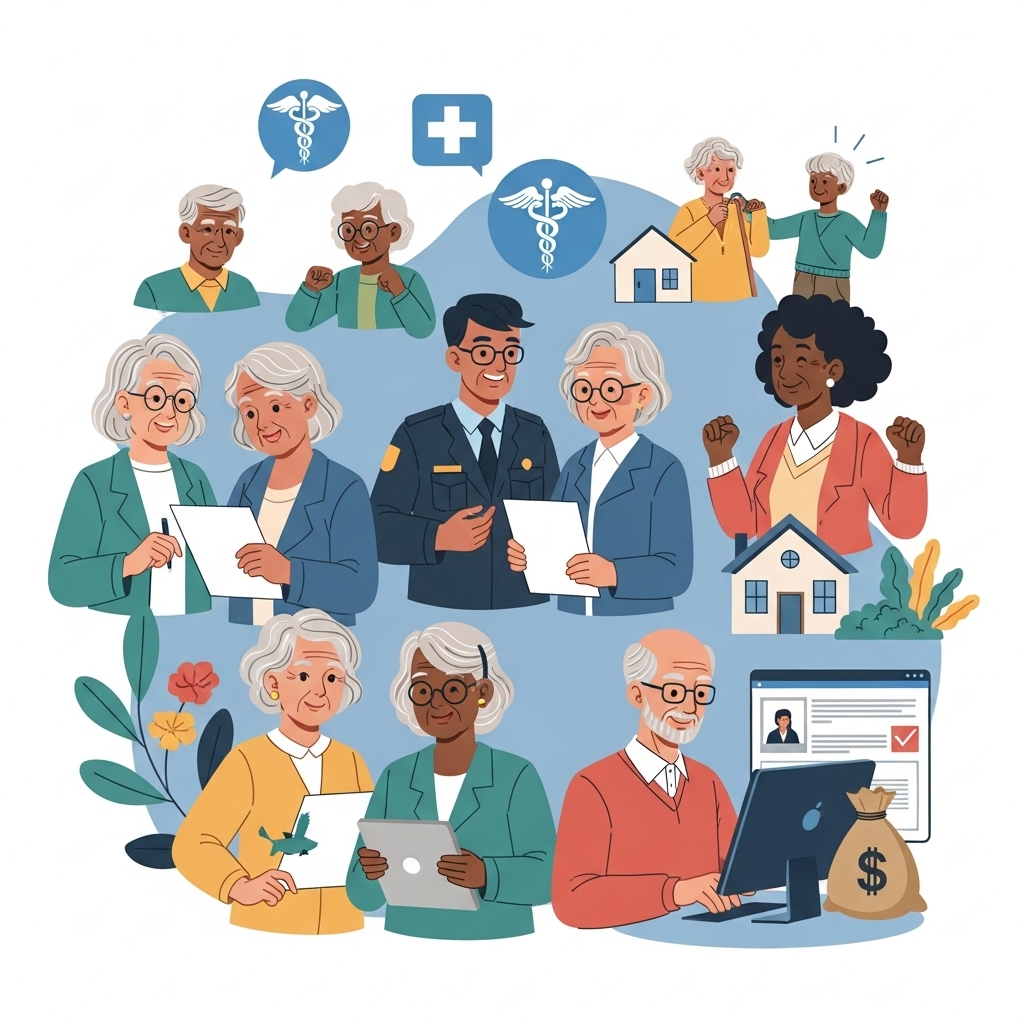 활짝 웃는 중장년층과 노년층 사람들이 정부 지원금 정보를 얻고 혜택을 누리는 따뜻한 모습, 정부 복지 혜택의 포괄성을 상징.