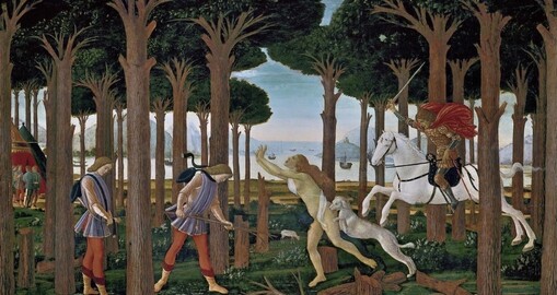 보티첼리의 '나스타조 델리 오네스티의 이야기'에서 첫 번째 이야기 작품 사진. 프라도 미술관