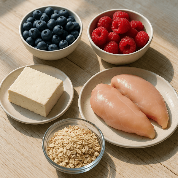 베리류와 두부,닭가슴살 오트밀로 구성된 테이블