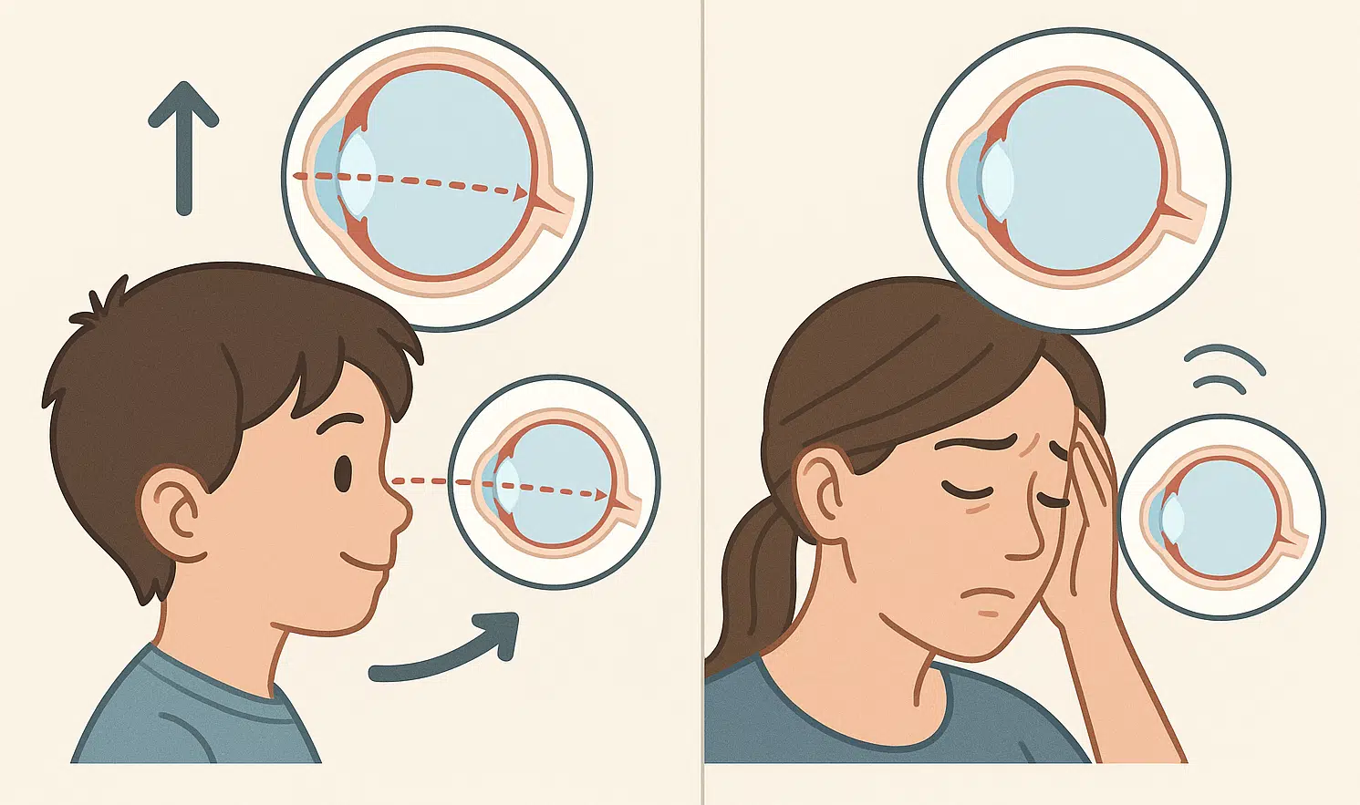 어린이와 청소년 눈이 성장하며 근시 진행되는 과정, 성인은 큰 변화 없지만 피로&middot;집중력 저하 강조