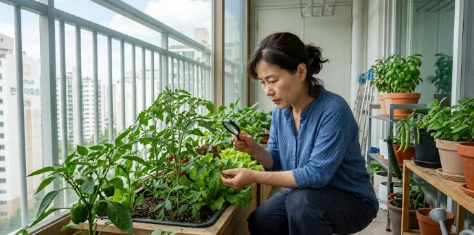 베란다 텃밭 작물 잎에 발생한 진딧물과 흰가루병을 확인하고 천연 방제로 처리하는 모습
