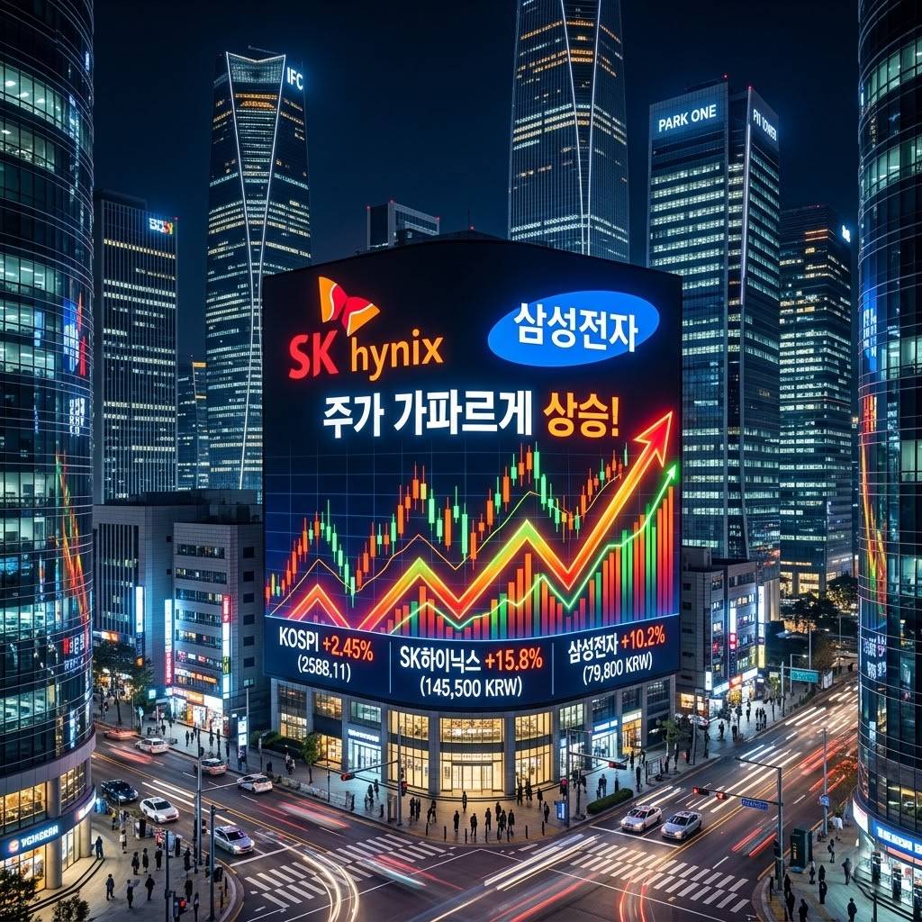 려한 전광판에 SK하이닉스와 삼성전자의 로고가 크게 떠 있고 주가 그래프가 가파르게 상승하는 현대적인 여의도 증권가 풍경]