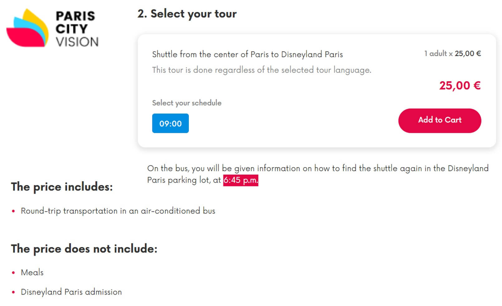 파리 시티비젼(Paris cityvision)에서 운영하는 디즈니랜드행 왕복 버스 티켓의 가격과 자세한 안내사항에 대해 보여주는 정리자료