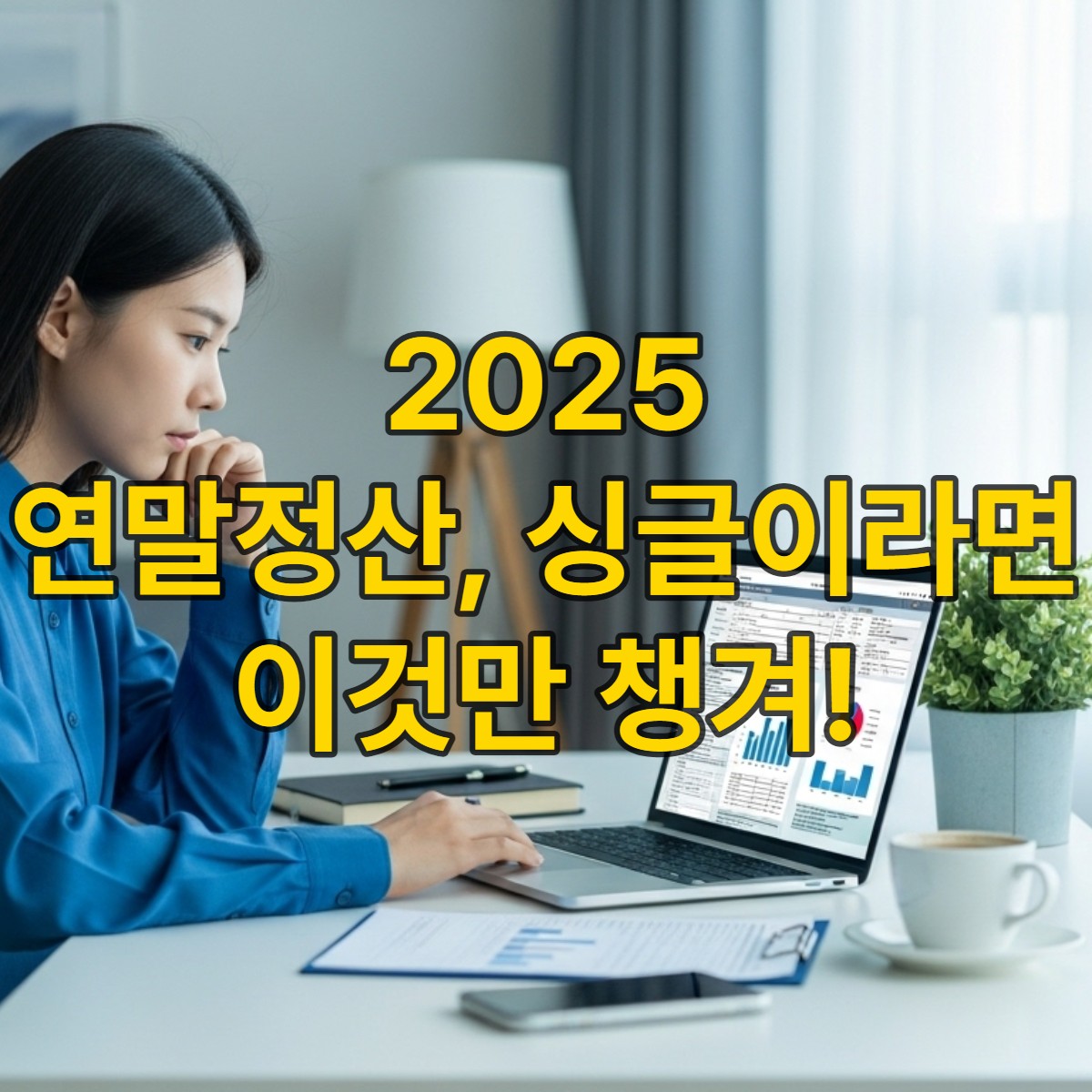 노트북으로 2025년 연말정산 서류를 검토하며 절세 전략을 세우는 싱글 직장인