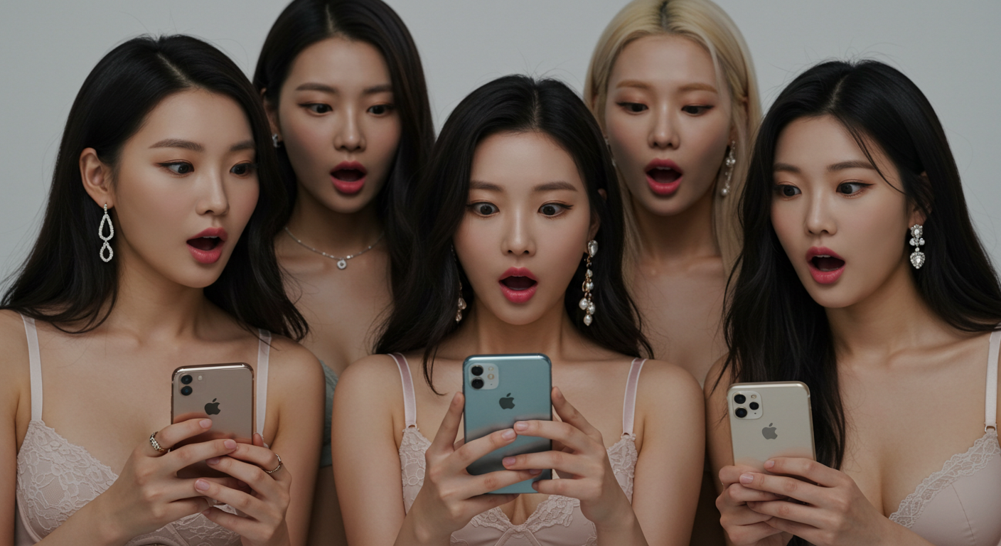 핸드폰을 보고 놀라는 여자들