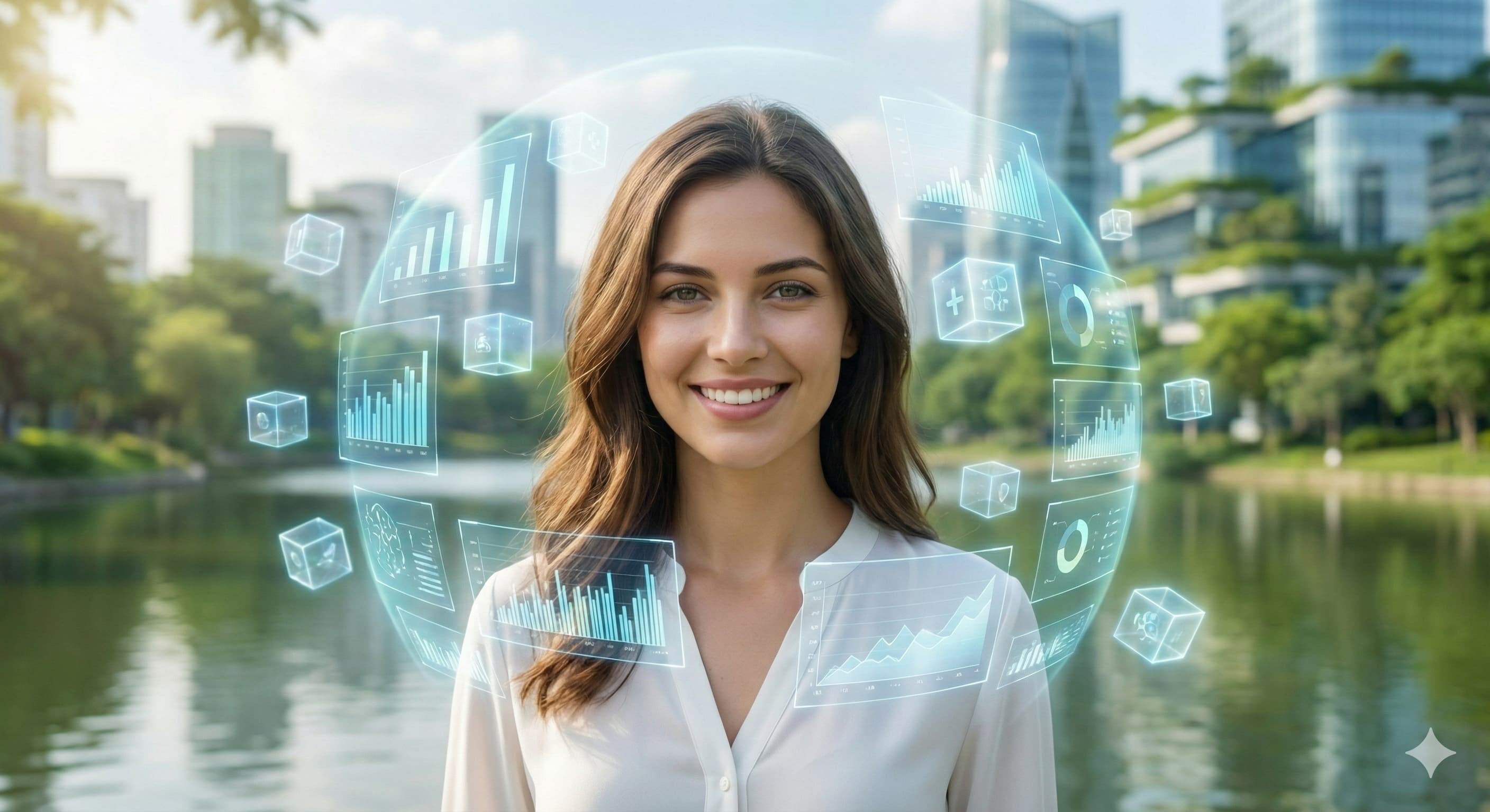 홀로그램 데이터와 빛나는 큐브에 둘러싸인 행복한 여성 모델, 정부의 풍성한 의료 지원 혜택 시각화