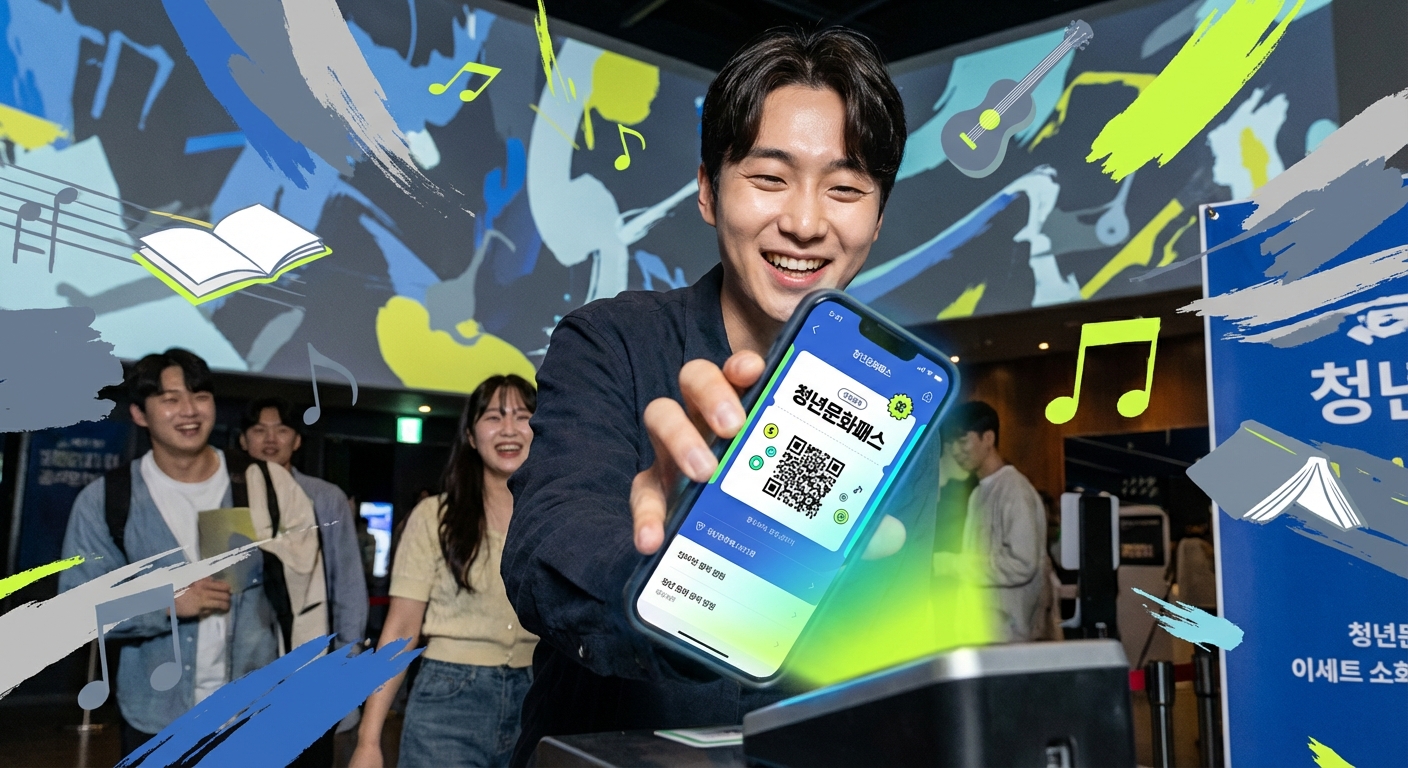 청년 문화패스 앱을 이용해 문화생활을 즐기는 청년의 모습. 쉽고 편리한 지원금 사용을 상징합니다.
