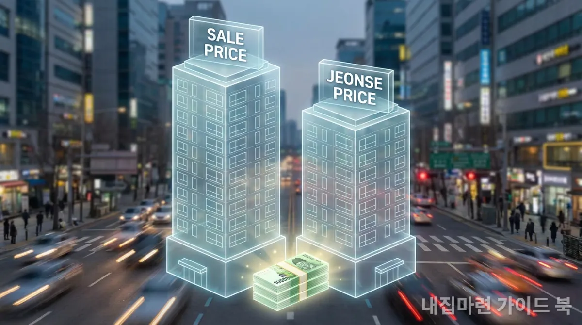 매매가와 전세가의 차이를 나타내는 투명한 아파트 건물과 원화 지폐, 갭투자의 개념 시각화