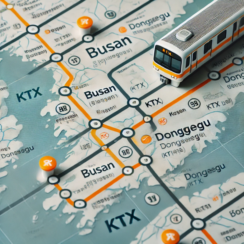 부산과 동대구를 연결하는 KTX 노선을 보여주는 지도, 주요 역과 경로가 강조된 모습