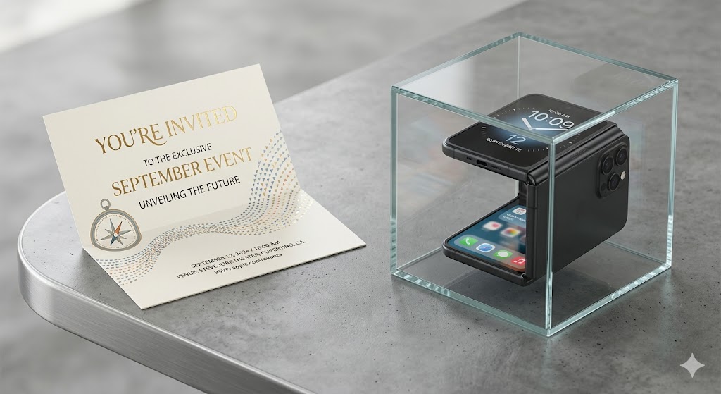 9월 이벤트 초대장 이미지와 함께 투명한 유리 케이스 안에서 반쯤 접혀 있는 아이폰 렌더링 사진