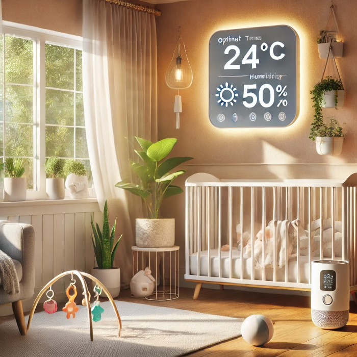 영유아가 있는 집 온도와 습도 유지 방법 글 썸네일 - 거실에 아기 침대, 작은 화분, 습도와 온도계가 벽에 걸려 있는 모습