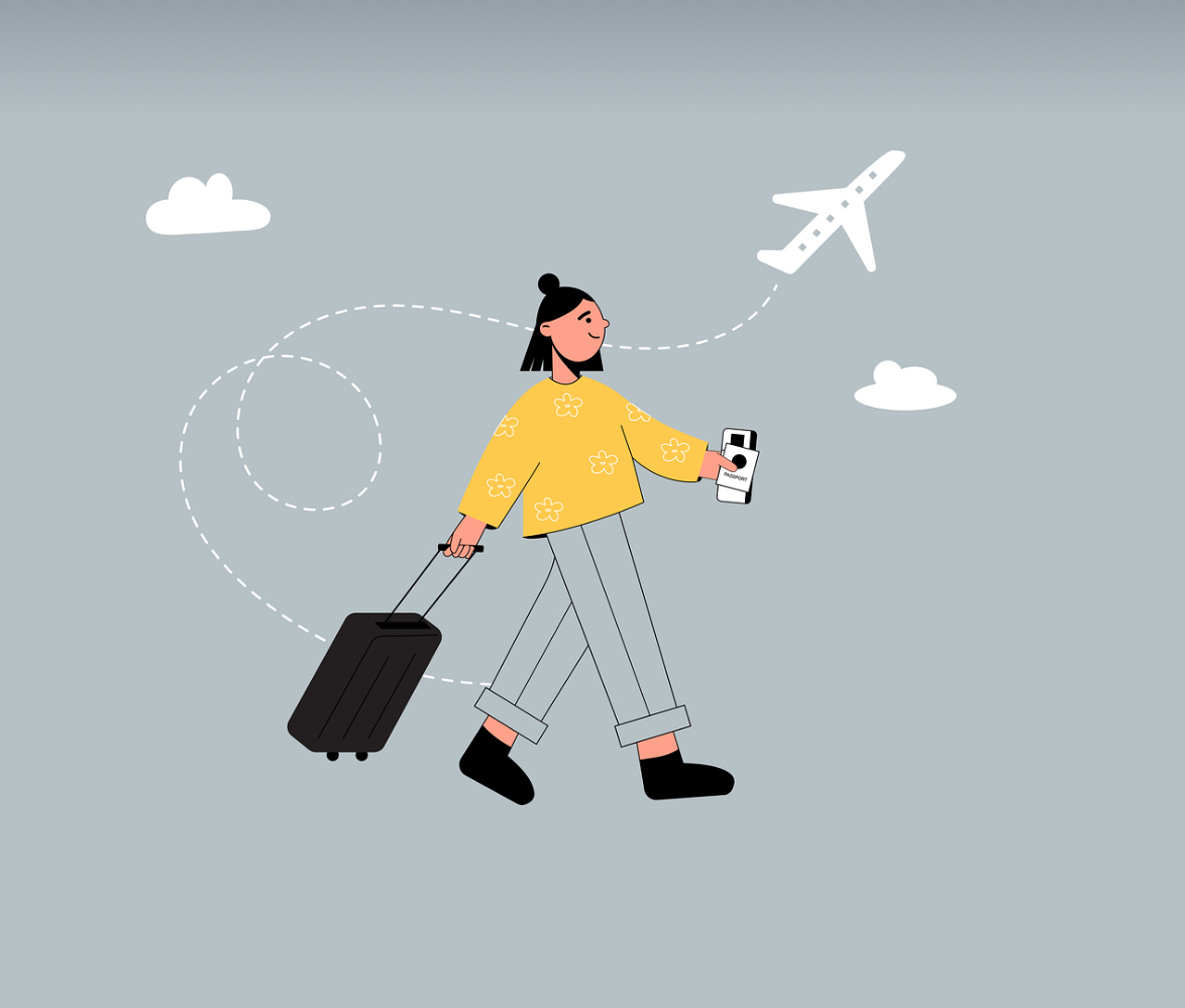 여행가방을 끓고 가는 대학생과 비행기 일러스트 이미지