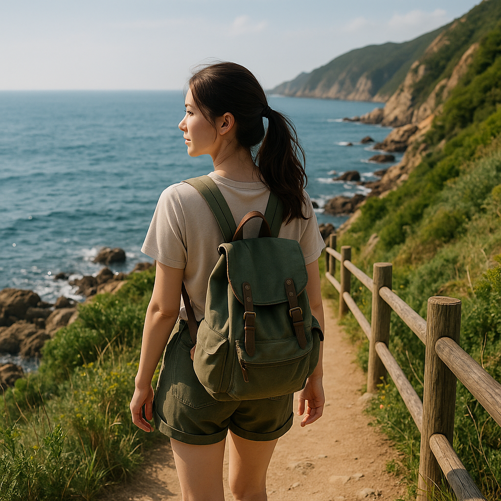 칭다오 라오산 해안 생태길을 걷는 여성