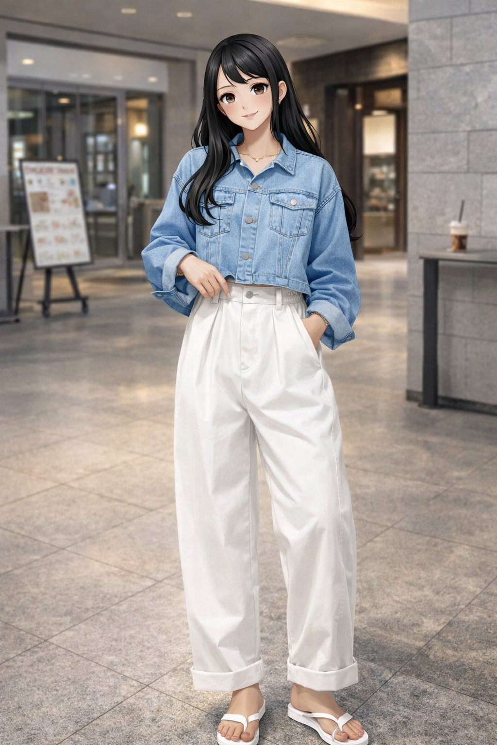 K-Fashion White Baggy Pants Outfit With Denim Shirt And Relaxed Daily Look