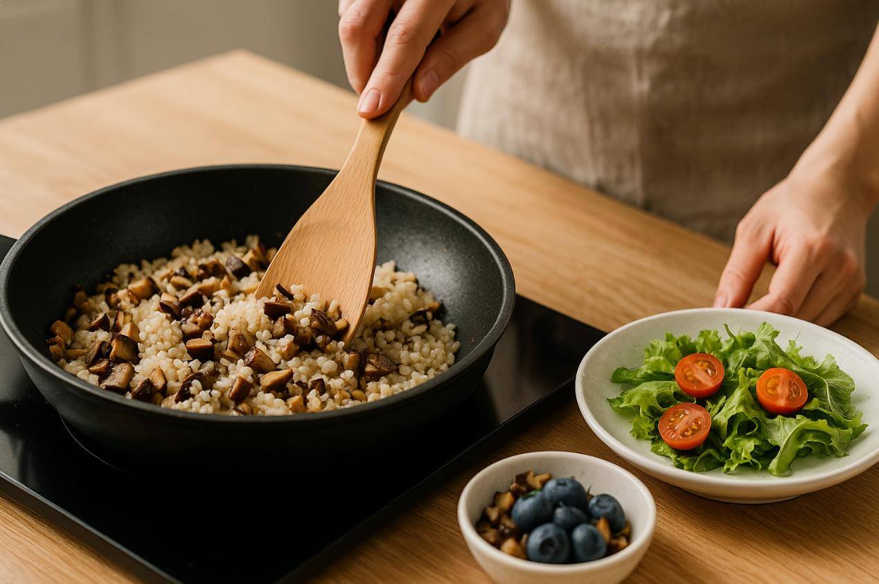 프라이팬에서 잘게 썬 표고버섯과 밥을 볶으며 옆에 샐러드를 준비하는 모습.