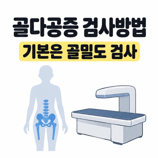골다공증 검사방법 제목과 기본은 골밀도 검사라는 문구 아래 허리와 골반 부위를 파란색으로 표시한 인체 및 골밀도 검사 장비 그림