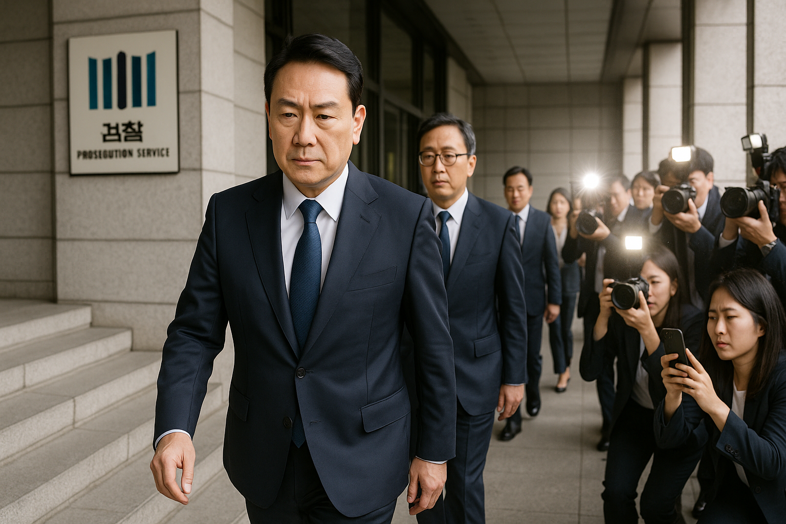 검찰청 앞을 지나는 검사들과 긴장된 분위기의 취재진 가상 이미지