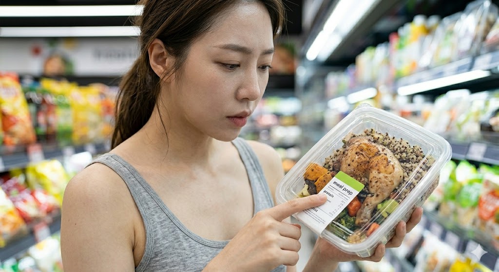A woman carefully checking the nutrition label (sugar, protein content) of a diet lunch box product in the frozen food section of a large supermarket. Presents the right standards for choosing convenience foods.