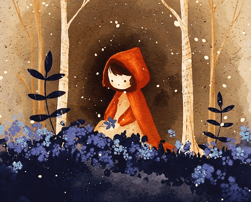 어두운 숲속에서 빨간 망토를 입은 어린 여아자이가 보라색 풀을 만지고 있다.