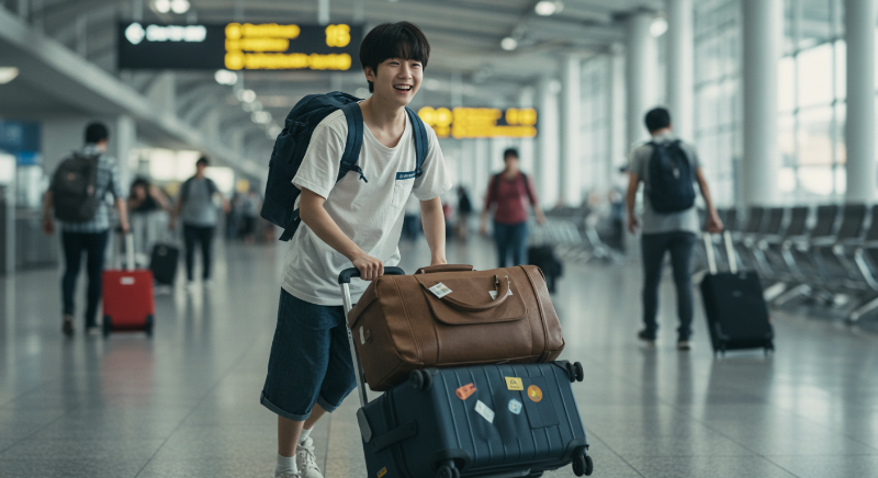깔끔하게 정리된 캐리어로 여유롭게 공항을 걷는 여행객