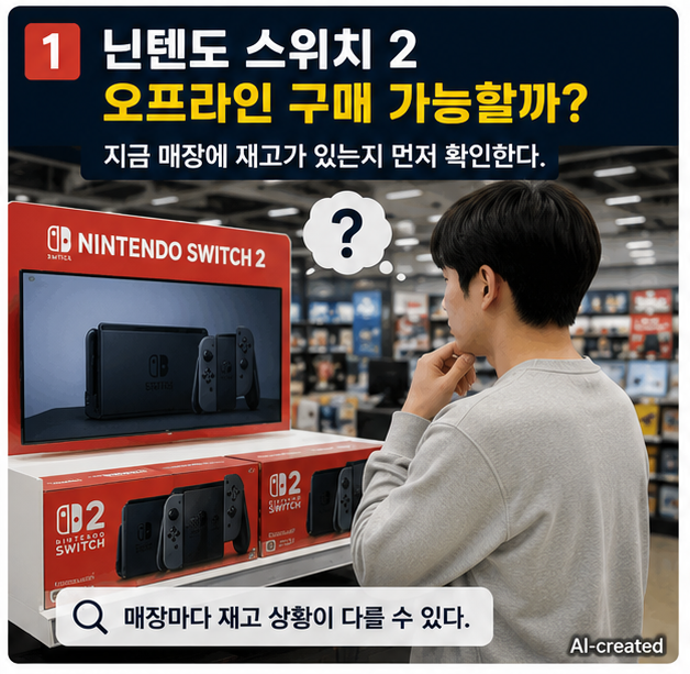 닌텐도 스위치 2 오프라인 구매 가능 여부를 매장에서 확인하는 상황