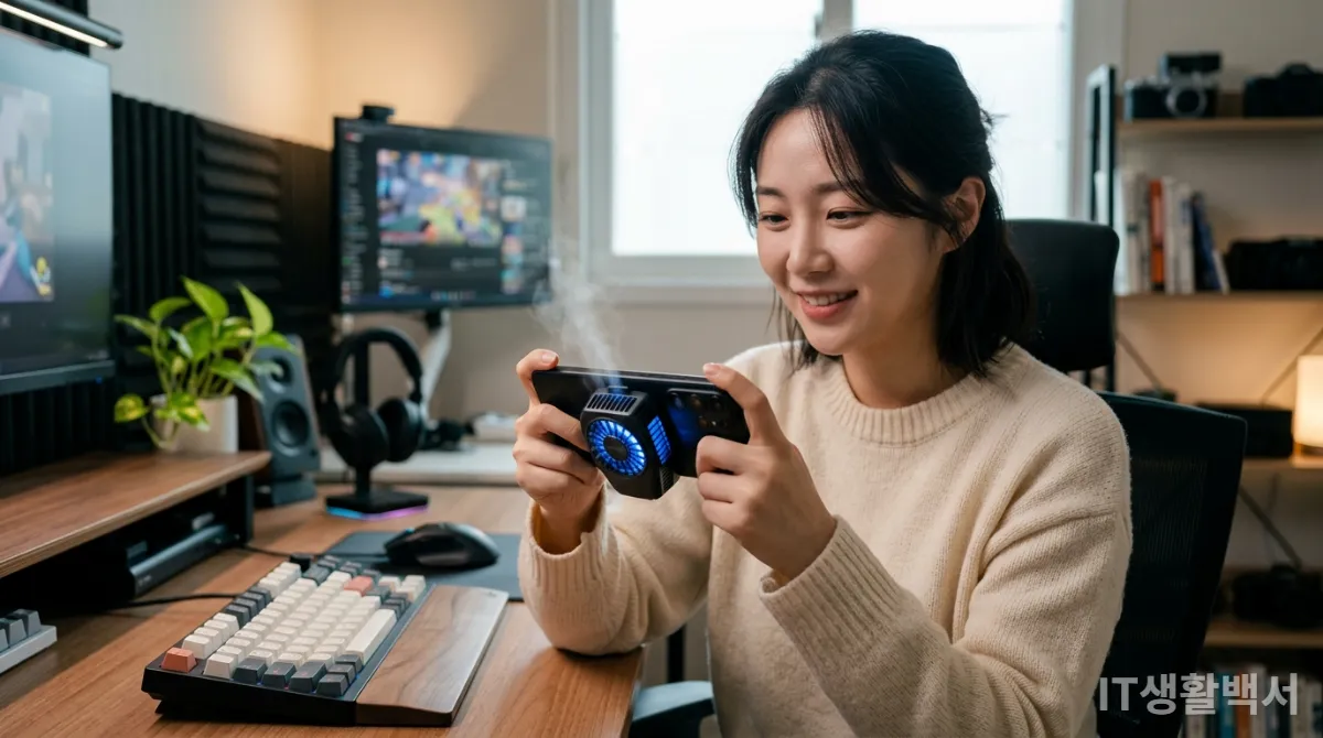 스마트폰 쿨링팬을 사용하여 발열 문제를 해결하는 모습