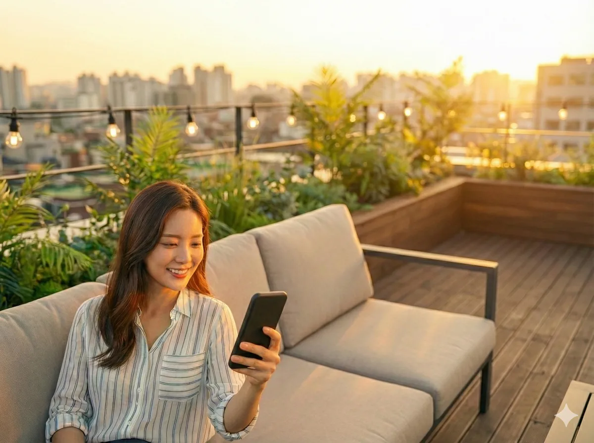 스마트폰으로 자동차보험료 조회하며 웃는 모습