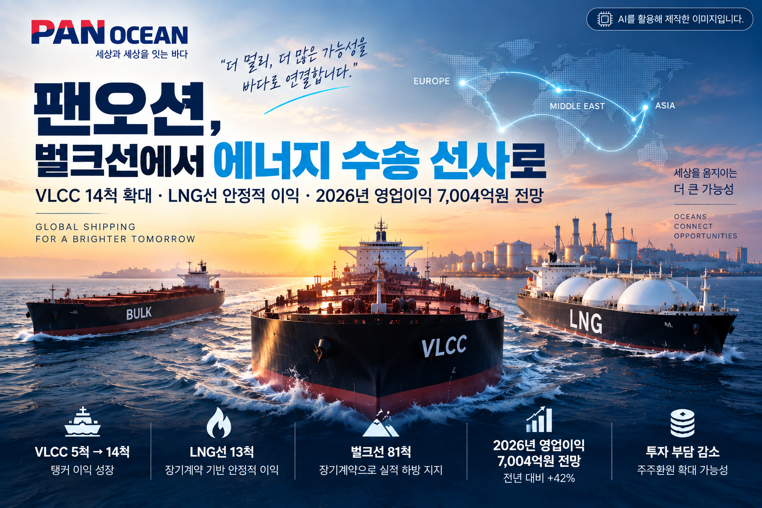 VLCC 선대 확대와 LNG선 성장으로 에너지 수송 선사로 전환하는 팬오션 전망
