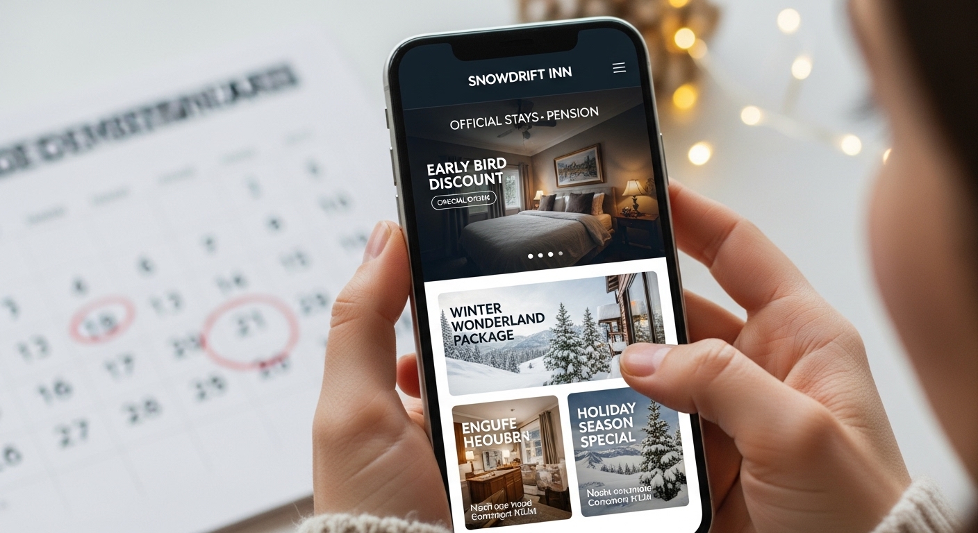 스마트폰으로 펜션 공식 홈페이지와 소셜 미디어의 할인 프로모션을 확인하는 손