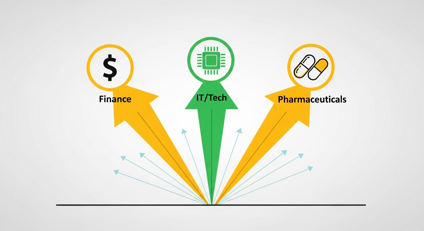 금융(달러), IT(컴퓨터 칩), 제약(캡슐)을 상징하는 3개의 아이콘이 인도 국기 색깔로 디자인된 화살표를 타고 함께 상승하는 다이어그램