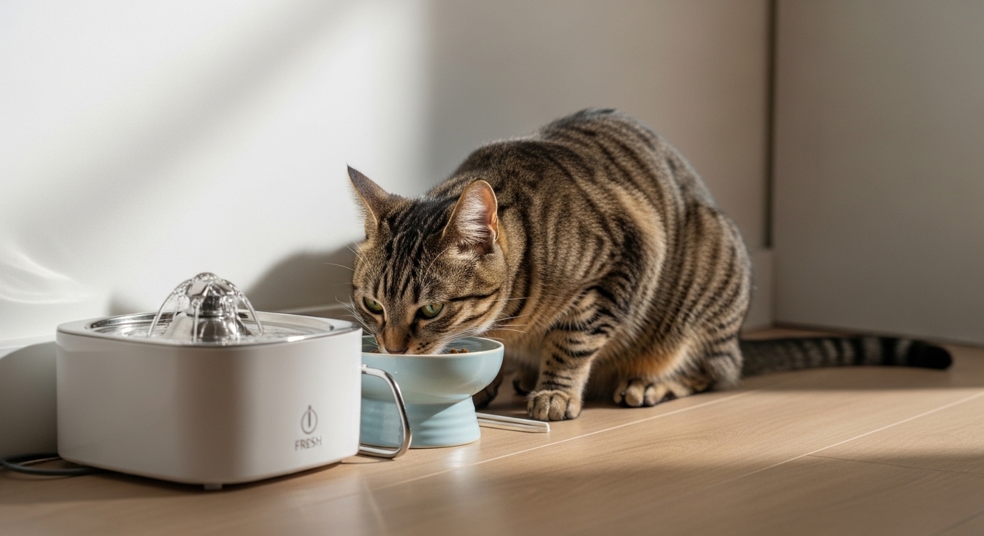 조용하고 깨끗한 장소에서 편안하게 식사하는 고양이.