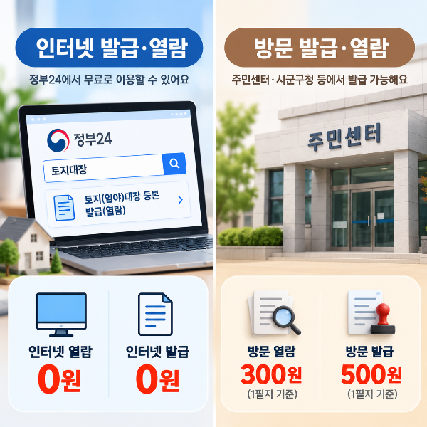 토지대장 인터넷 발급과 열람은 무료이고 방문 시 열람 300원 발급 500원의 수수료가 발생함을 안내하는 이미지