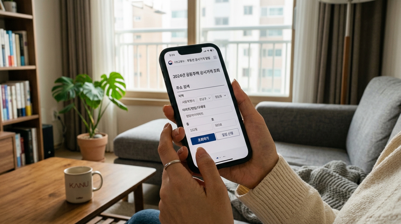 스마트폰으로 아파트 공시가격을 조회하기 위해 주소를 입력하는 상세 과정 이미지