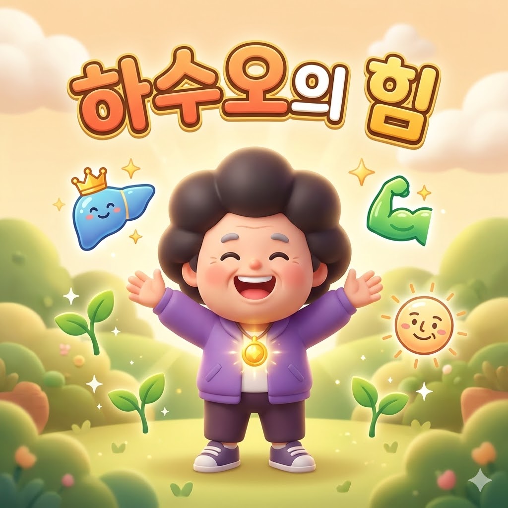 활력과 건강을 상징하는 밝은 표정의 노인이 풍성한 머리카락을 뽐내고 있으며, 주변에는 건강한 간, 젊은 피부, 그리고 에너지를 상징하는 귀여운 아이콘들이 3D 카툰 스타일로 표현된 하수오 효능 대표 이미지. '하수오의 힘'이라는 문구가 보입니다.