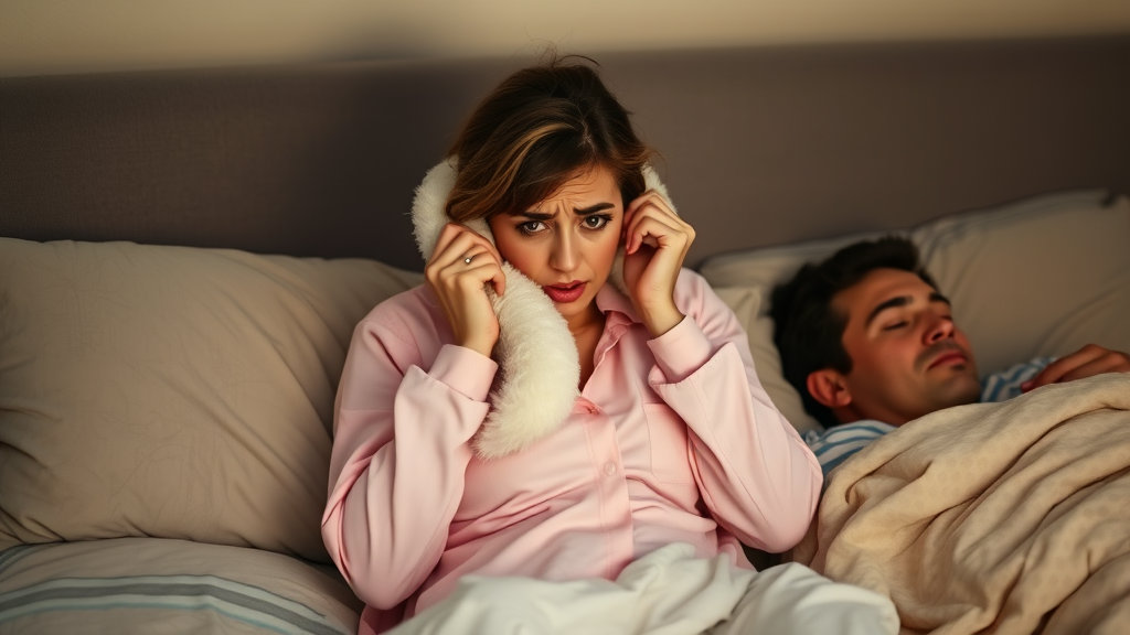 남자가 코골아 여자가 귀막고 괴로워하는 모습