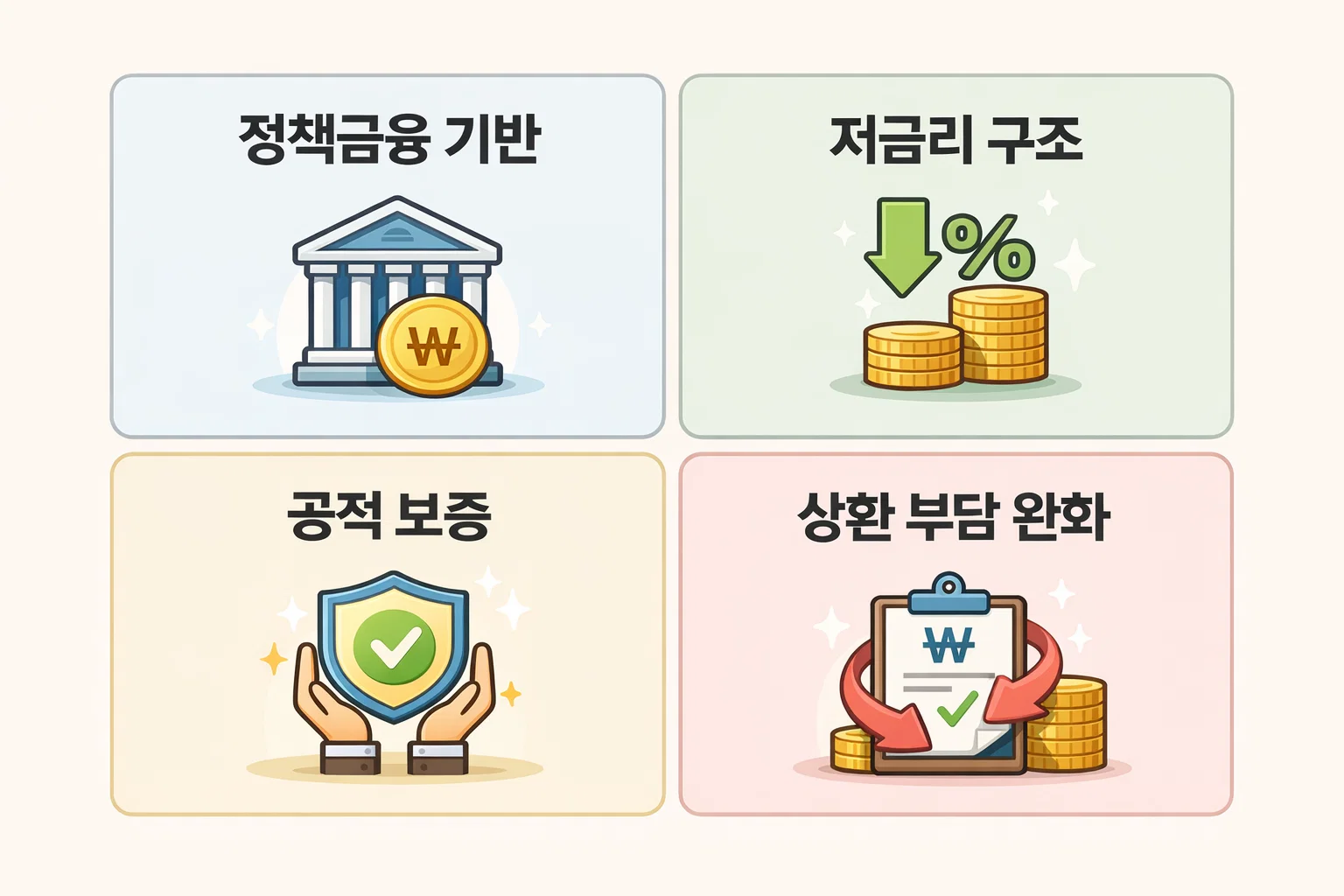 정부지원 저금리 서민대출의 정책금융 기반&middot;저금리 구조&middot;공적 보증&middot;상환 부담 완화 등 핵심 특징을 한눈에 이해할 수 있도록 정리한 인포그래픽