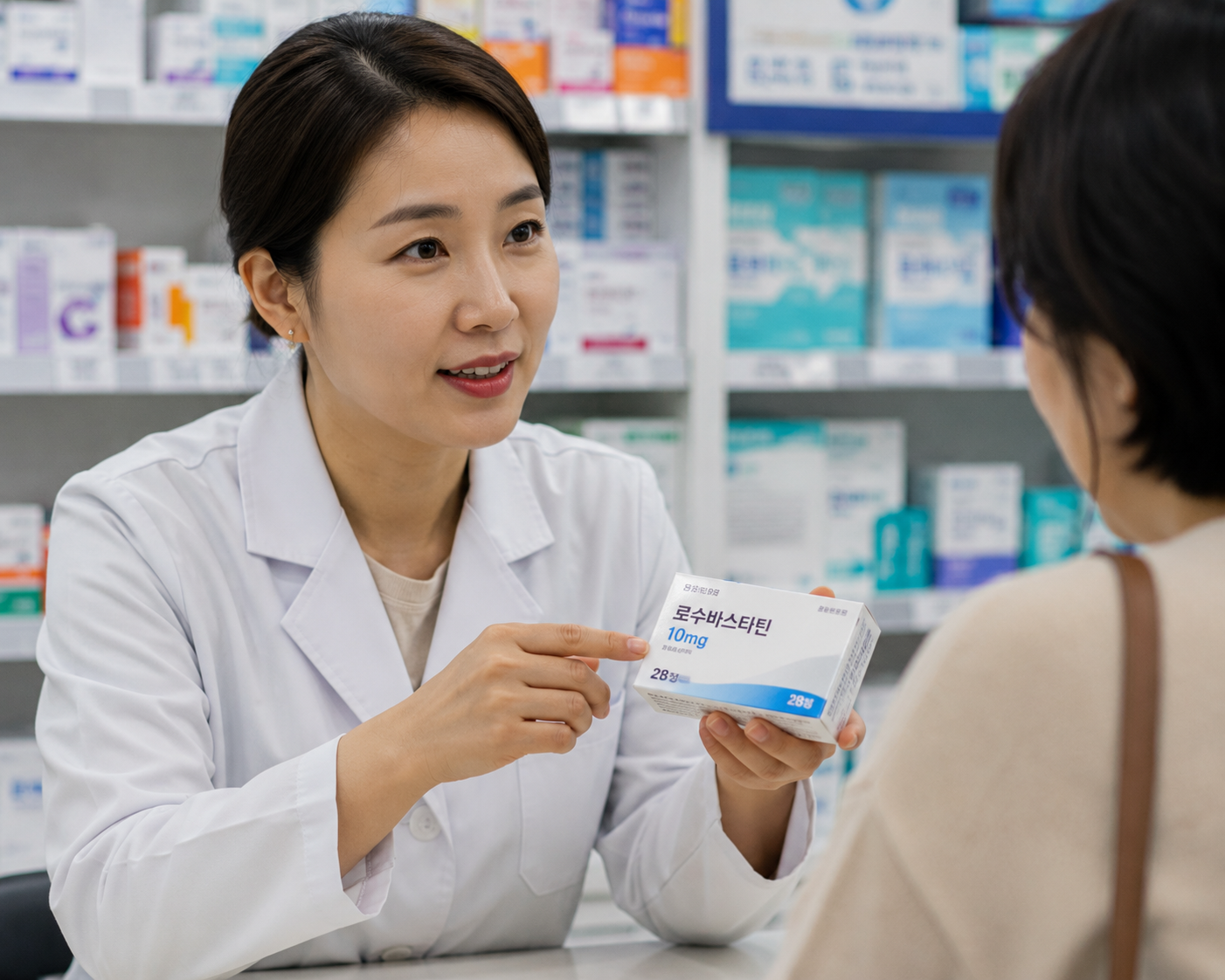 약사가 환자에게 예방약을 설명하는 장면