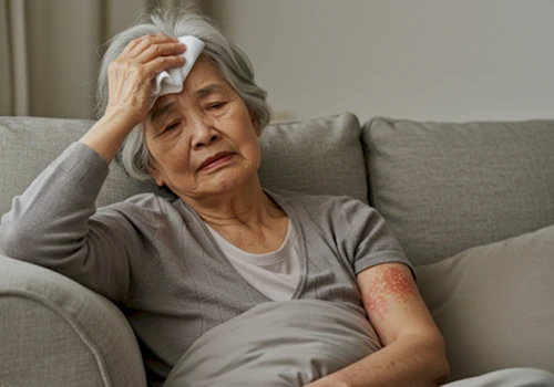 대상포진 발진과 발열 몸살 기운으로 소파에 기대 힘겨워하는 노년 여성의 사실적인 모습 전신 증상의 어려움을 표현