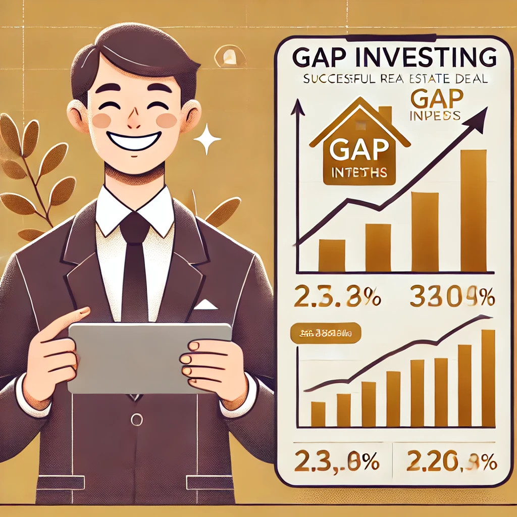 갭투자의 장점: 성공적인 부동산 거래와 상승하는 가격 차트를 확인하며 기뻐하는 투자자.