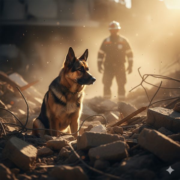 잔해 더미 위에서 구조대원과 눈을 맞추며 집중하고 있는 구조견(셰퍼드)의 늠름한 모습이다.