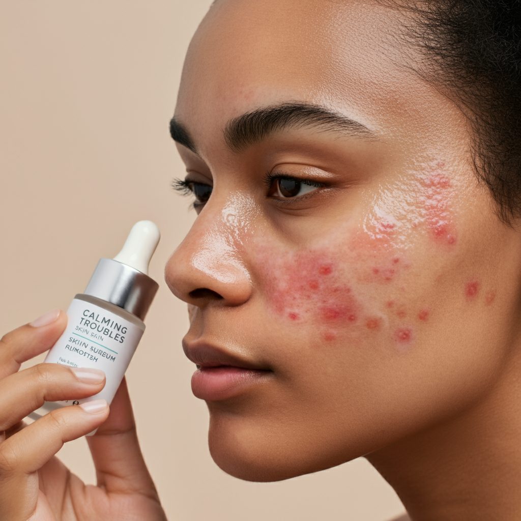 피부 트러블 관리 중인 사람의 클로즈업