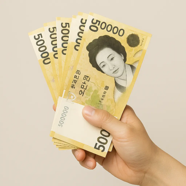 한국 지폐 5만원권 다발을 손에 쥔 스튜디오컷 이미지