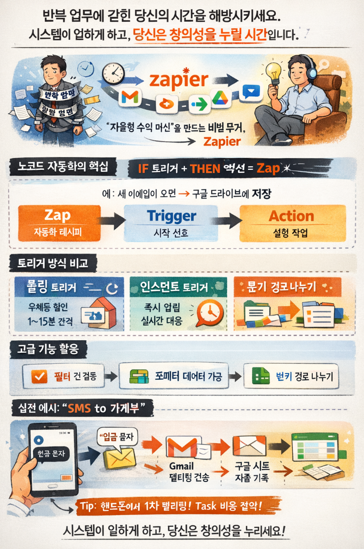 Zapier 자동화 개념과 노코드 워크플로우 구조를 설명하는 인포그래픽으로, 트리거와 액션, 필터, AI 자동화를 활용한 자율형 수익 시스템 구축 방법을 보여줍니다.