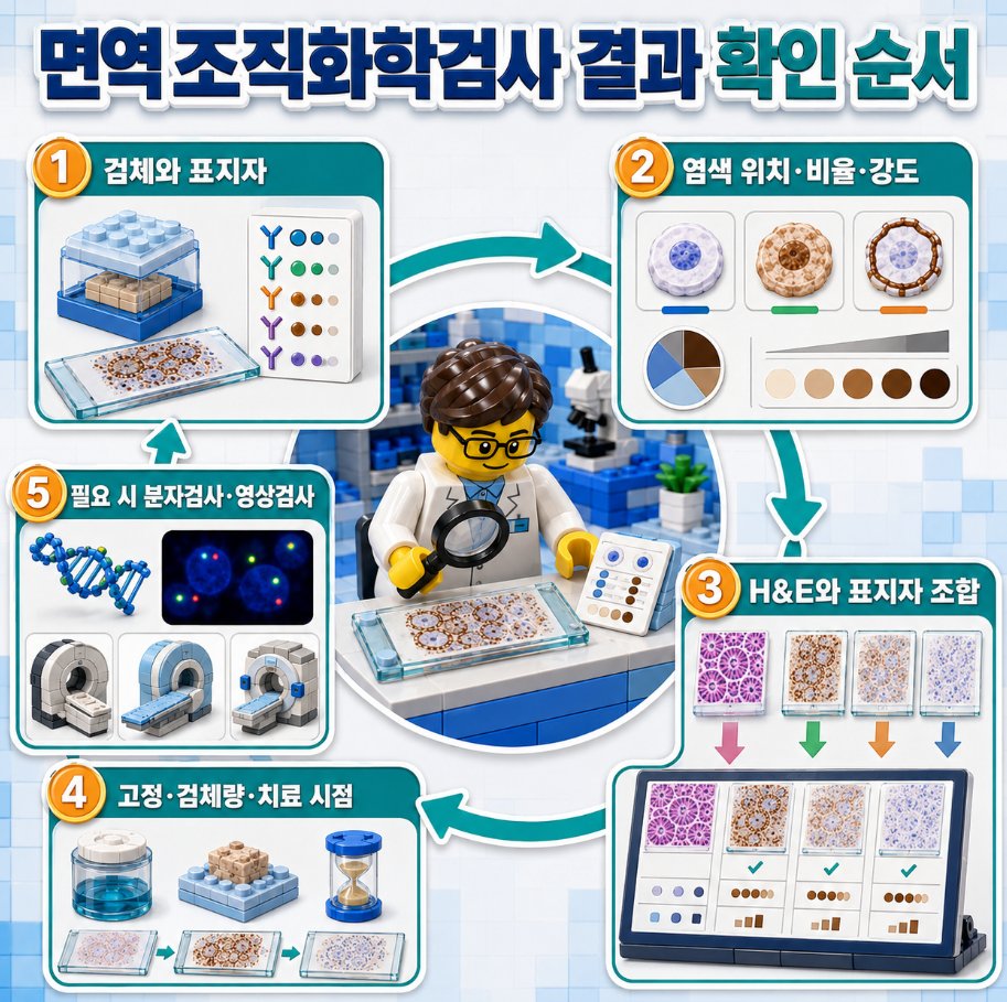 면역조직화학검사 결과를 검체와 표지자부터 분자검사·영상검사까지 확인하는 5단계 요약 인포그래픽