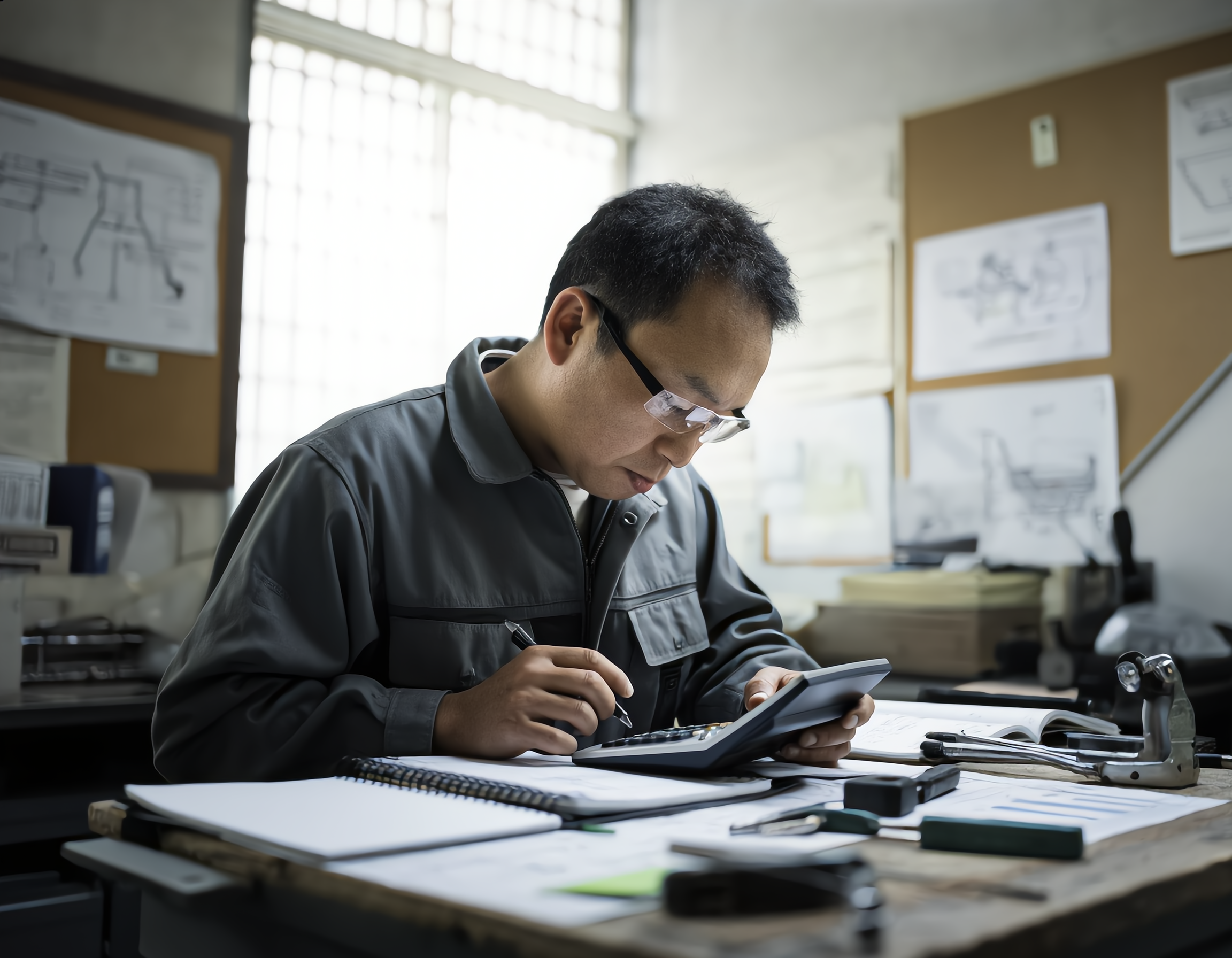 복잡한 계산에 어려워하는 근로자의 모습.