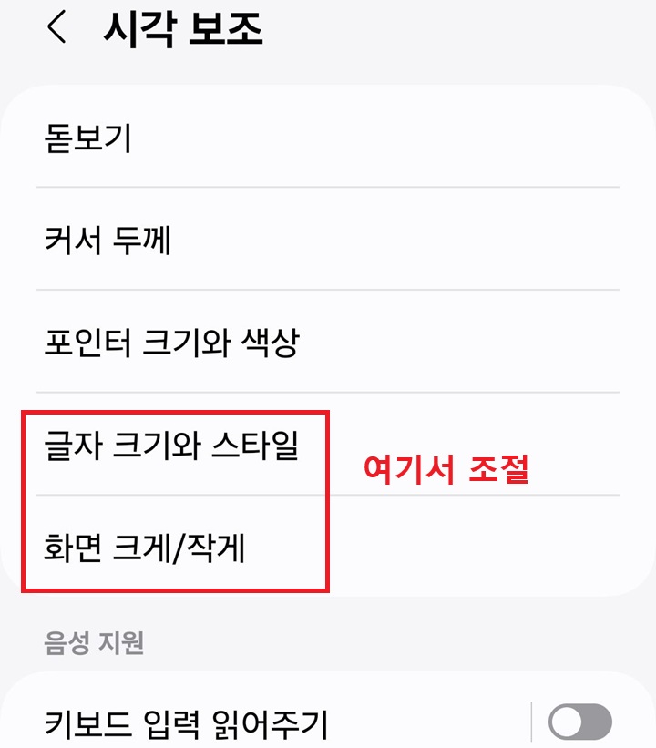 시각 보조 페이지의 메뉴들 보임